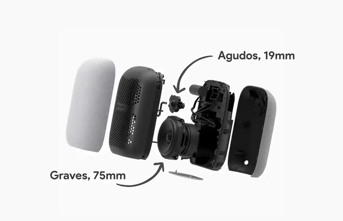 El Google Nest Audio incorpora un altavoz de graves de 75mm y de agudos de 19mm